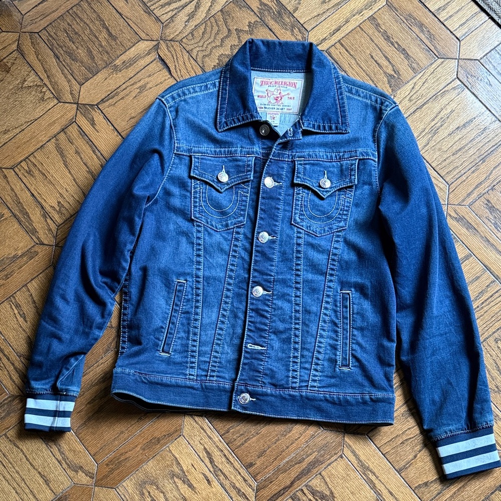 True Religion Blue Denim Jacket with Red Accents